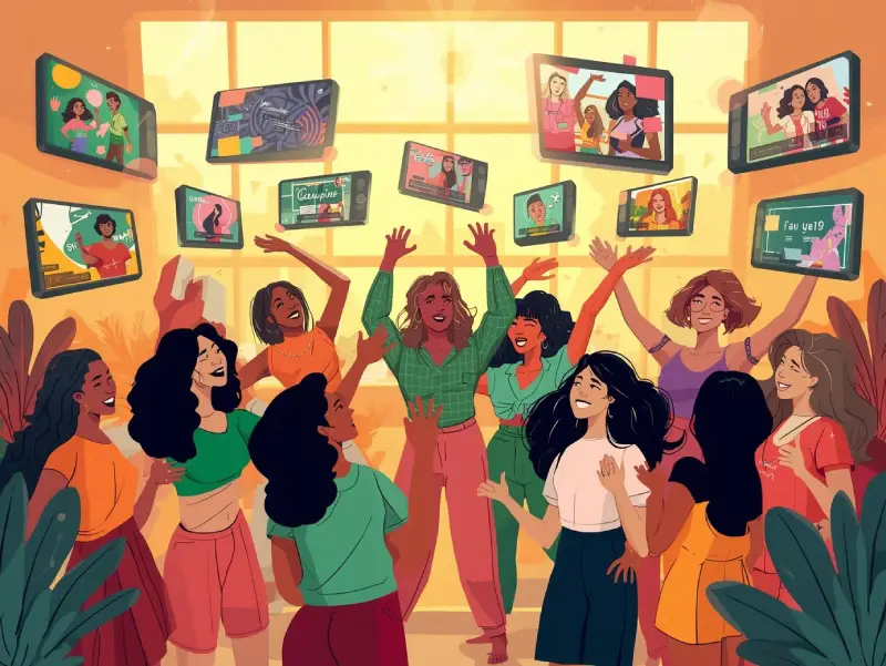 Illustration of creators using the best AI video generators to produce diverse video content, displayed on floating screens in a colorful, inviting studio.