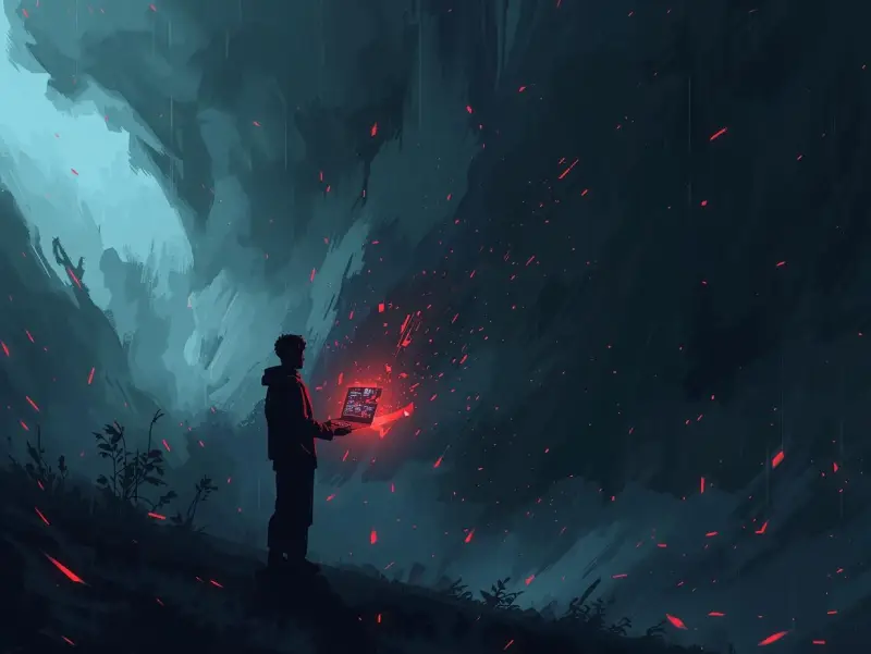 A coder navigates a stormy digital landscape with AI programming software, facing job and code reliability challenges with hope.