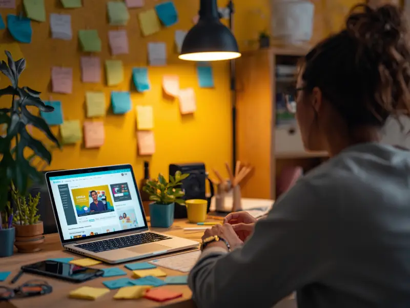 Creator brainstorming in a cozy workspace, choosing the best AI video generators for their needs, with a laptop displaying Canva and InVideo interfaces.