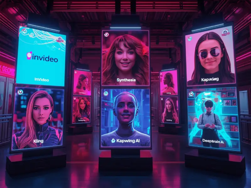 Comparison of the best AI video generators for 2025, with digital panels displaying unique video styles from Canva, InVideo, Synthesia, and more in a futuristic tech hub.