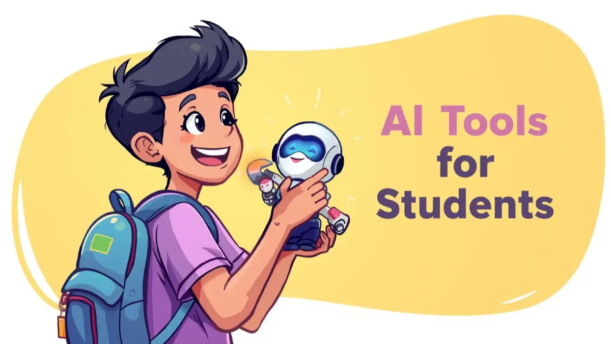 A smiling student with a backpack holds an AI robot with a glowing wrench, on a bright pastel background for AI Tools for Students.