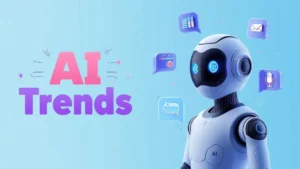 Black-background cover with "AI Trends" in bold, glowing sci-fi font (neon pink-cyan 3D) on left. Sleek chrome AI robot on right holds a glowing orb with neural networks, friendly vibe, holographic touch, showing trends of AI, vibrant & minimalist.