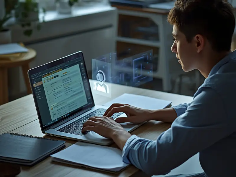 Photorealistic image of a student using AI software for essay writing on a laptop in a study room for AI Tools for Students.