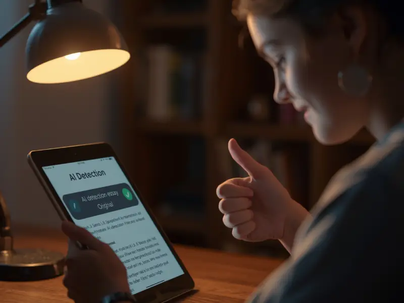 Photorealistic image of a student checking essay originality with AI app on a tablet for AI Tools for Students.