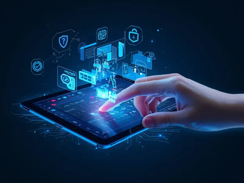 A futuristic tablet displaying a digital marketing and AI-powered social media campaign with holographic personalized ads and ethical data shield symbols.