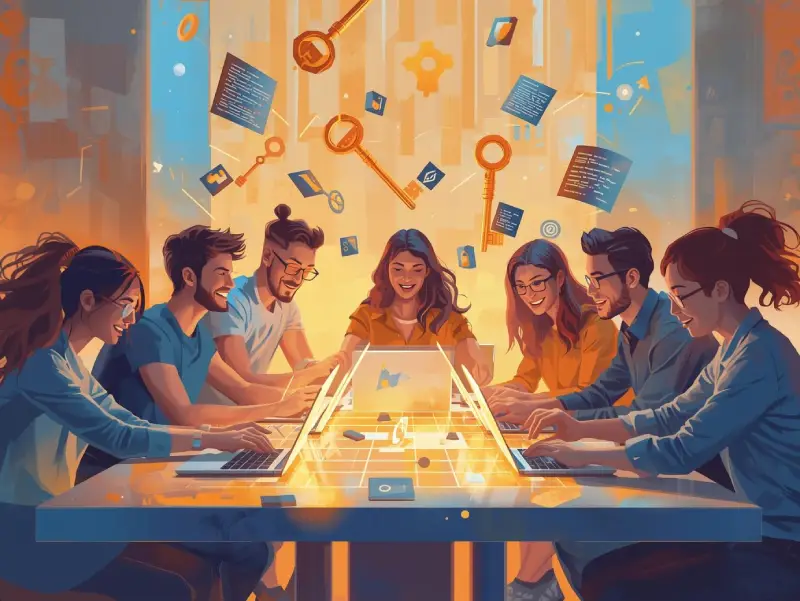 Diverse coders collaborate with AI software development companies’ tools, unlocking innovation with glowing AI-powered code keys.