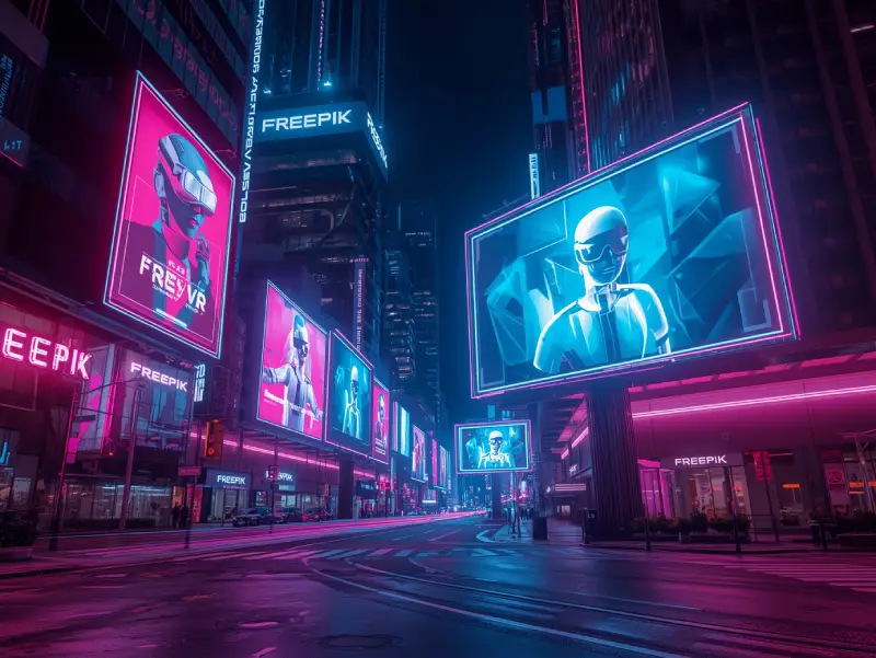 Futuristic cityscape with holographic billboards displaying videos from the best AI video generators, highlighting AR/VR and Freepik’s AI video creation software.