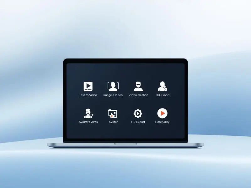 Infographic of key features in the best AI video generators, including text-to-video, image-to-video, and HD export, displayed on a sleek laptop screen.