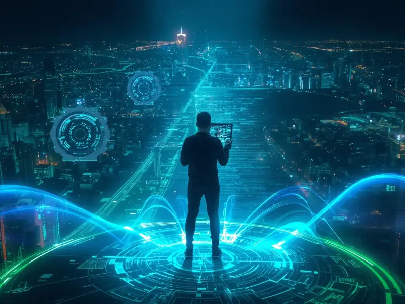 A coder on a glowing platform wields AI programming software, with holographic code and a futuristic cityscape sparking innovation.