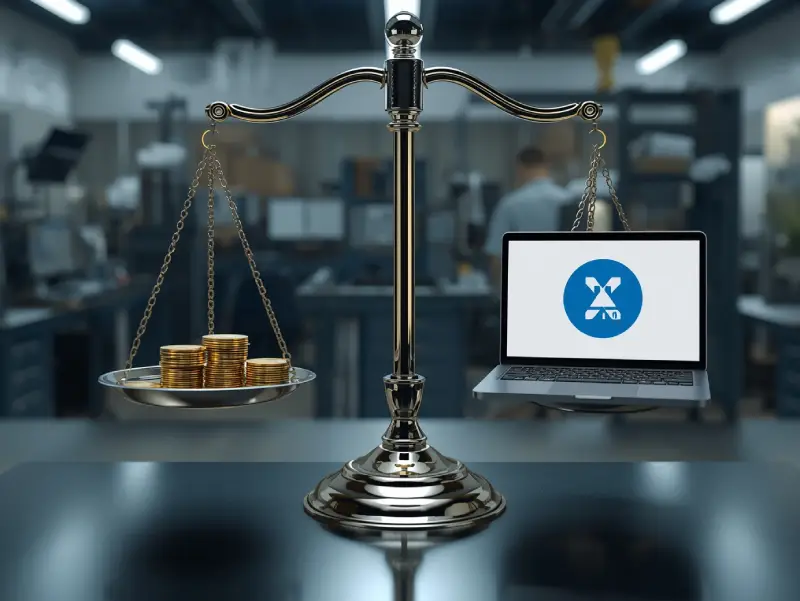 Balance scale comparing Jasper AI premium pricing with Copy.ai free tier, showcasing the best AI writer options in a tech lab setting.