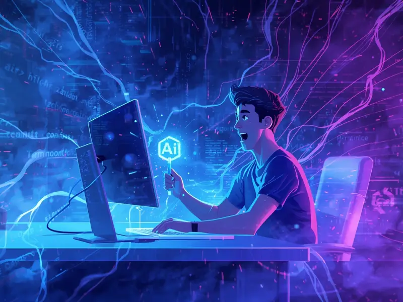 A coder works with AI programming software, surrounded by holographic code in a neon-lit, futuristic setup, evoking innovation.
