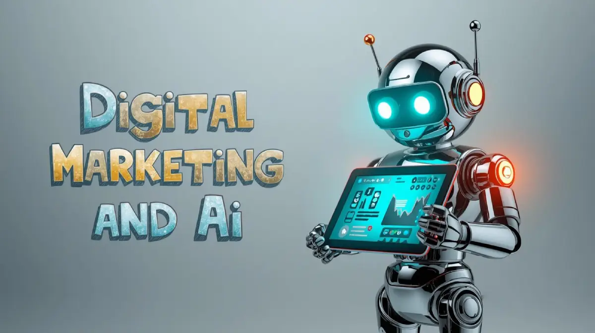 A playful studio poster with a retro-futuristic robot holding a tablet with digital marketing and AI visuals, featuring "Digital Marketing and AI" in a shimmering fantasy font.