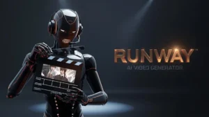 A robot film director in a studio with a glowing clapperboard, featuring Runway AI Video Generator text in a bold, metallic sci-fi font.