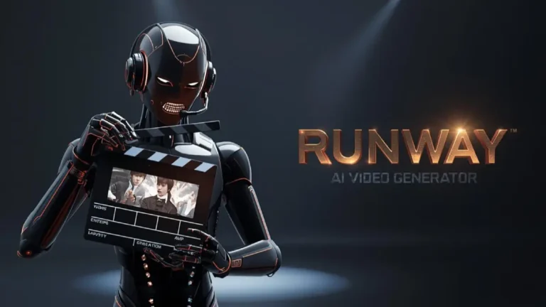 A robot film director in a studio with a glowing clapperboard, featuring Runway AI Video Generator text in a bold, metallic sci-fi font.