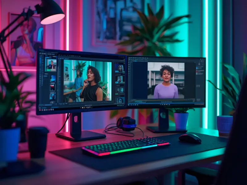 A creator’s studio with a monitor displaying Runway AI Video Generator transforming a photo into a dynamic video, set in a modern, neon-lit workspace.