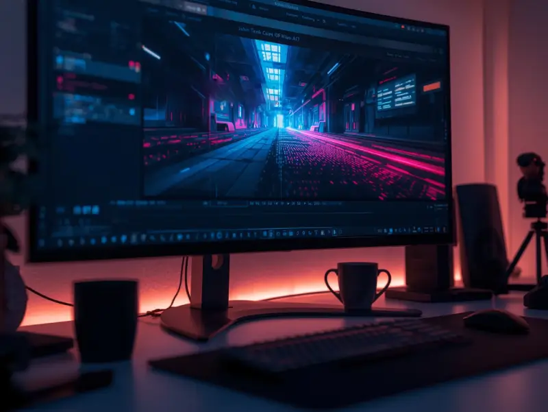 A sleek monitor showcasing Runway AI Video Generator’s text-to-video feature, transforming a prompt into a stunning sci-fi video scene on a creator’s desk.