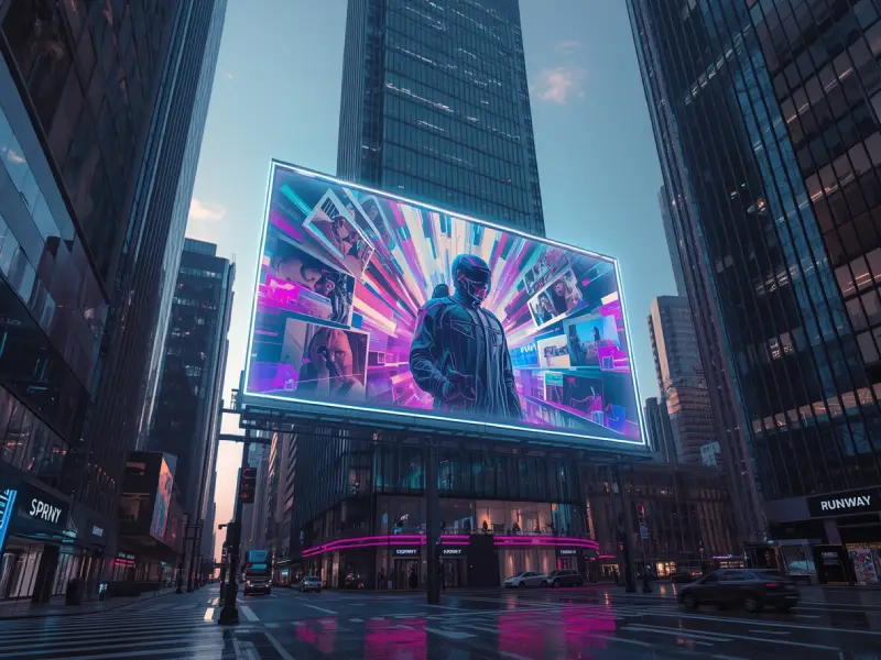A futuristic cityscape with a holographic billboard displaying a vibrant video crafted by Runway AI Video Generator, blending sci-fi and social media aesthetics.