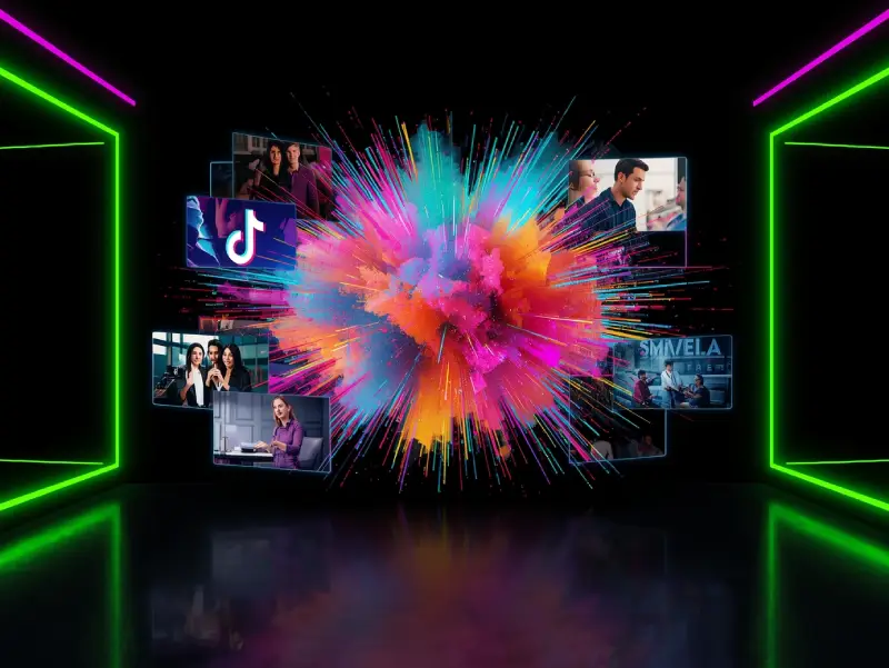 A vibrant collage of video frames created by Runway AI Video Generator, showcasing diverse, colorful scenes tied by glowing digital threads.