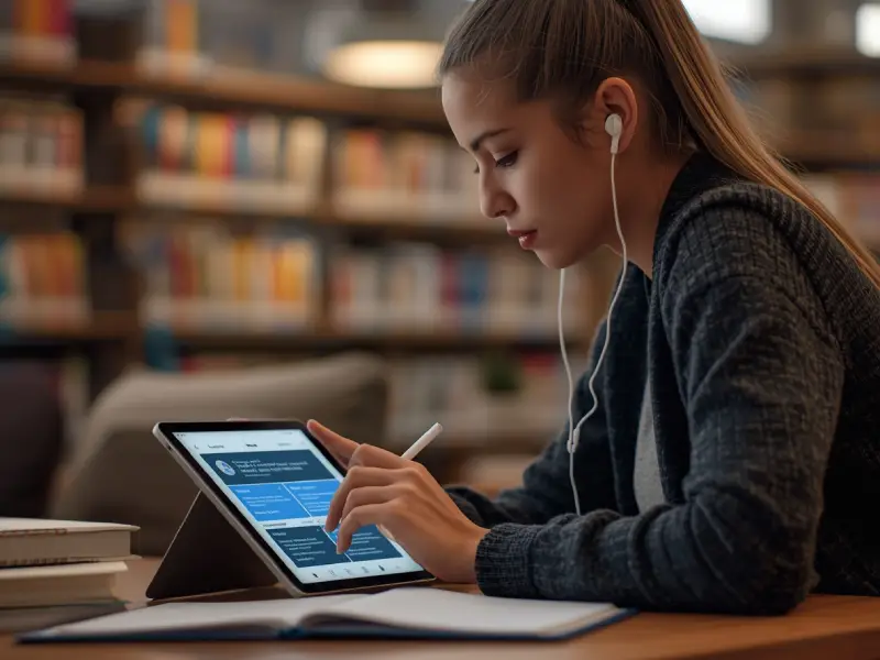 Photorealistic image of a student organizing notes with AI study app on tablet in a library for AI Tools for Students.