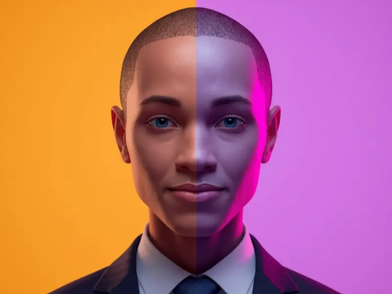 AI avatar with dual expressions representing formal Jasper AI and creative Copy.ai tones.