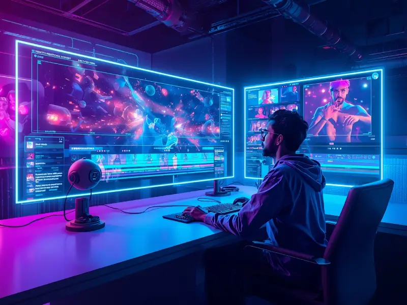 A futuristic video editing studio showcasing the best AI video generators, with holographic screens displaying dynamic AI-generated videos in a modern, neon-lit workspace.