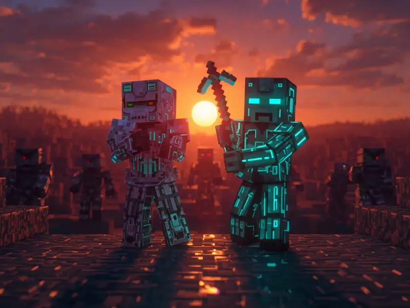 AI Minecraft – player and glowing AI companion mining together at epic sunset