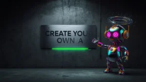 Create Your Own AI" – colorful fantasy AI robot brings the code to life in cinematic industrial studio