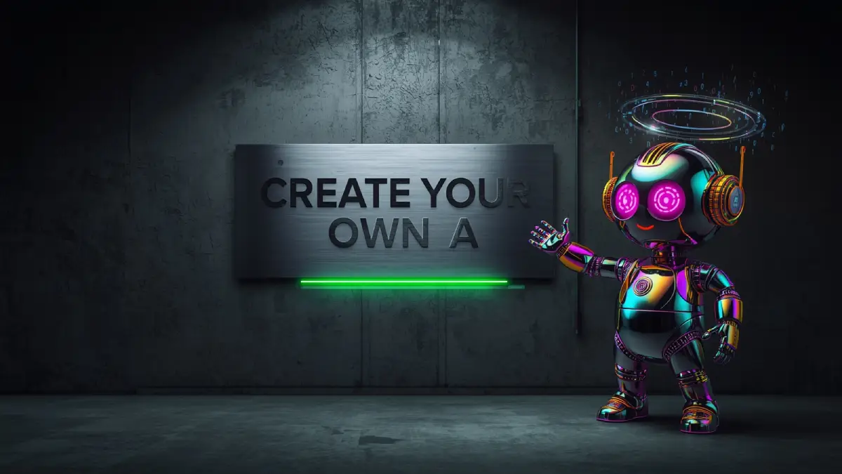 Create Your Own AI" – colorful fantasy AI robot brings the code to life in cinematic industrial studio