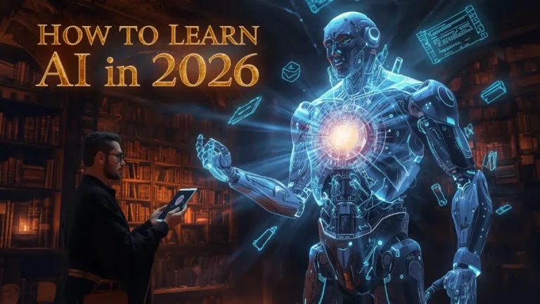 How to Learn AI in 2026 – Fantasy AI robot mentor in magical library