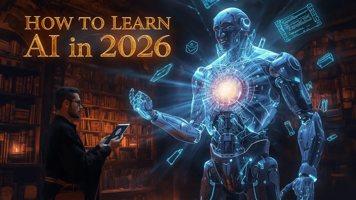 How to Learn AI in 2026 – Fantasy AI robot mentor in magical library