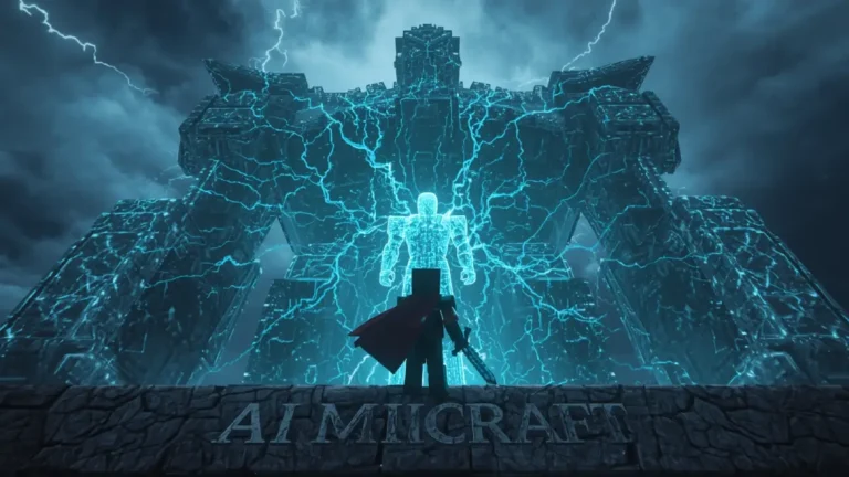 AI Minecraft 2025 – player and his glowing AI clone awaken the colossal iron golem