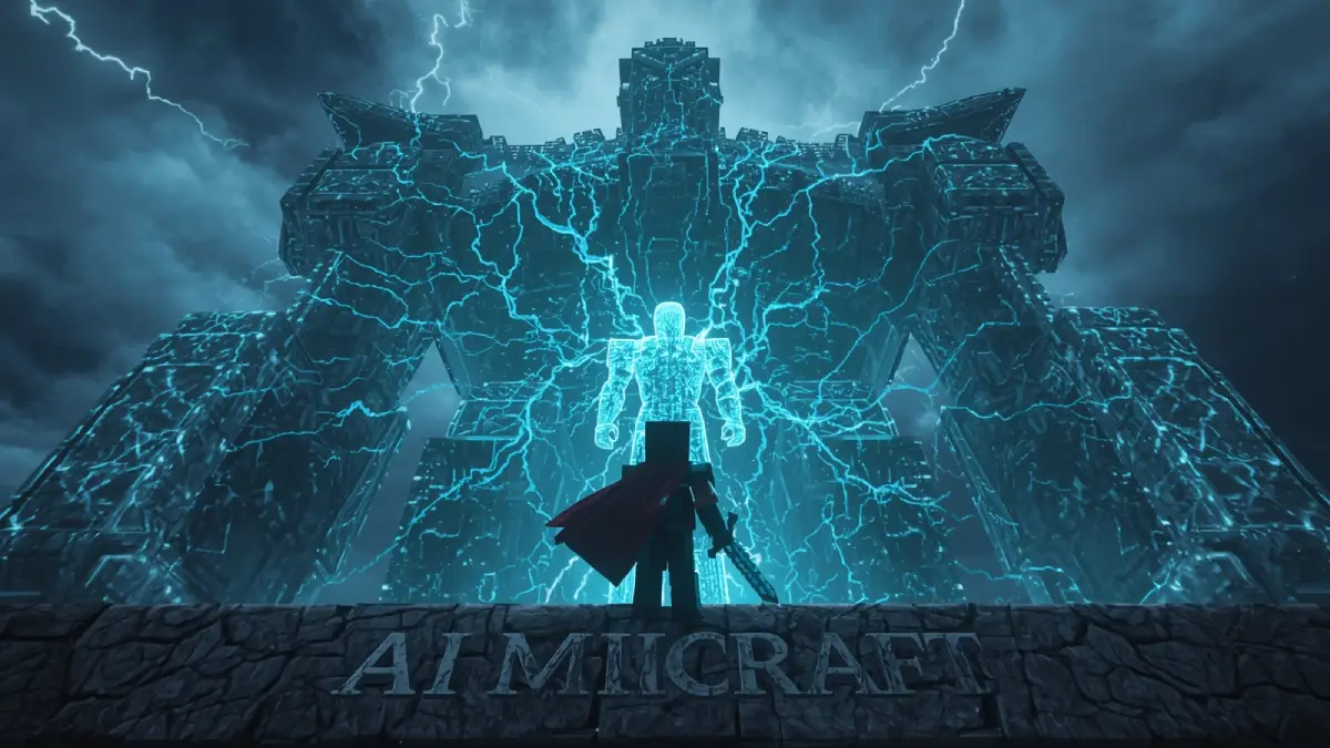 AI Minecraft 2025 – player and his glowing AI clone awaken the colossal iron golem