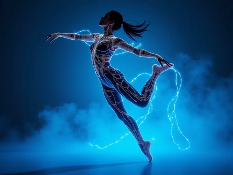 Advanced AI motion capture session with glowing sensors transforming real movement into digital dance via Viggle AI.