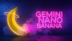 Cyberpunk neon studio poster of Gemini Nano Banana AI with glowing energy.