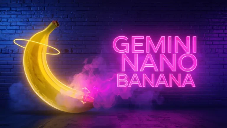 Cyberpunk neon studio poster of Gemini Nano Banana AI with glowing energy.