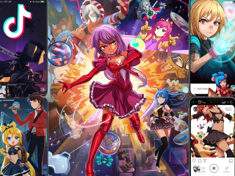 Real-world collage of AI-generated dancing superheroes, anime characters, and mascots across social media.