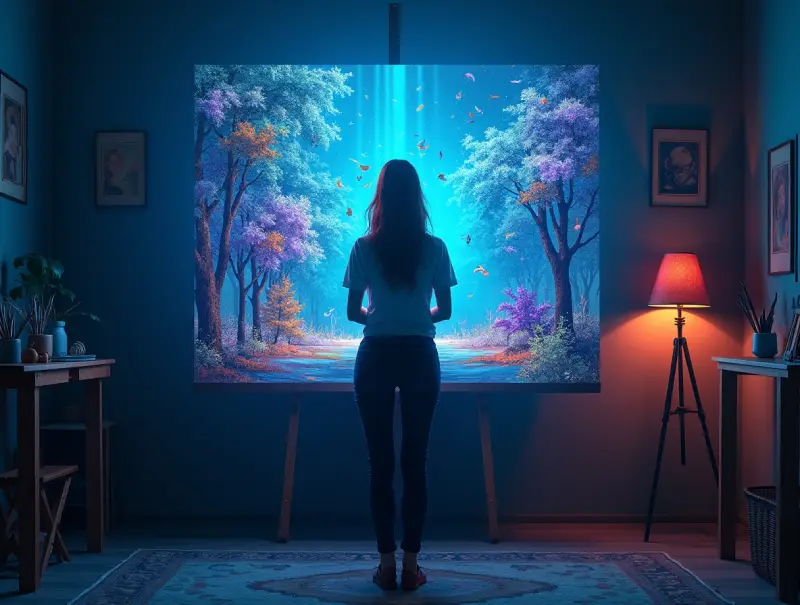 Traditional artist combining real brush with AI painting generator magic