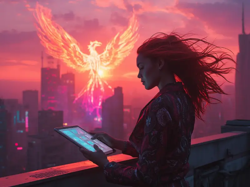 Artist using AI drawing generator in futuristic studio with vibrant neon art explosion