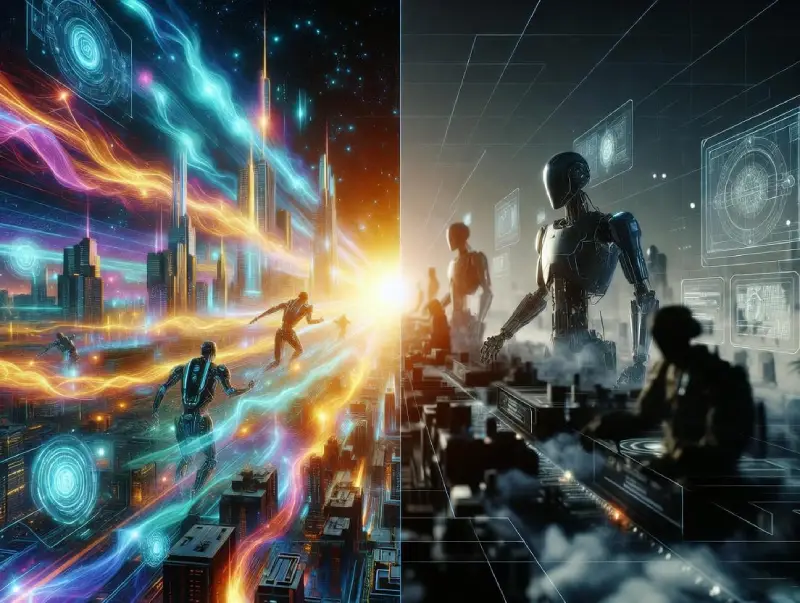 Balanced view of benefits and risks in agentic AI for cybersecurity, cinematic high-tech style.