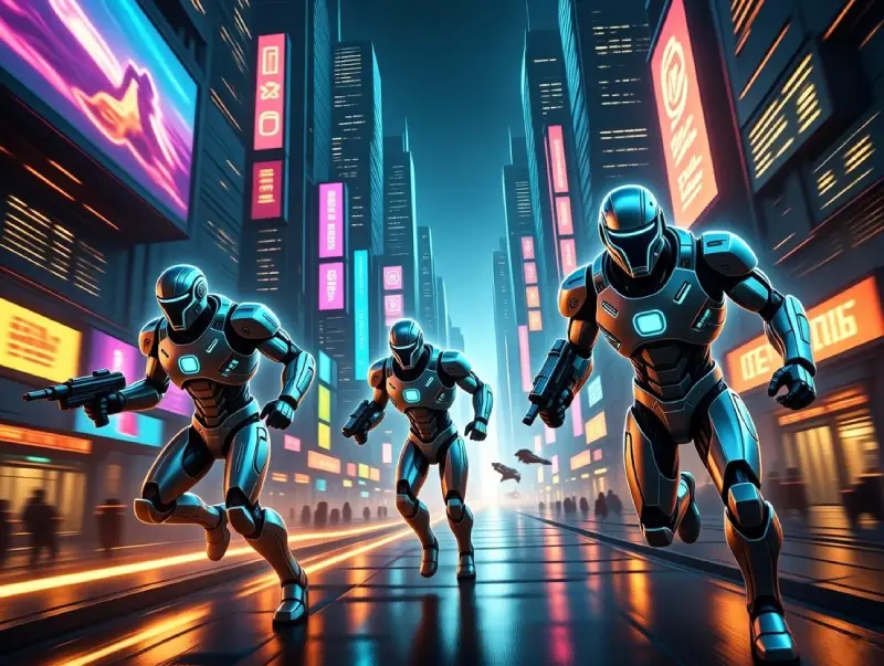 Intense cinematic action scene of autonomous AI agents hunting and neutralizing threats in a glowing neon digital cityscape, explosive data streams exploding on impact, vibrant neon blues, oranges and greens, dynamic motion blur, empowering and heroic vibe, high-detail professional sci-fi illustration.