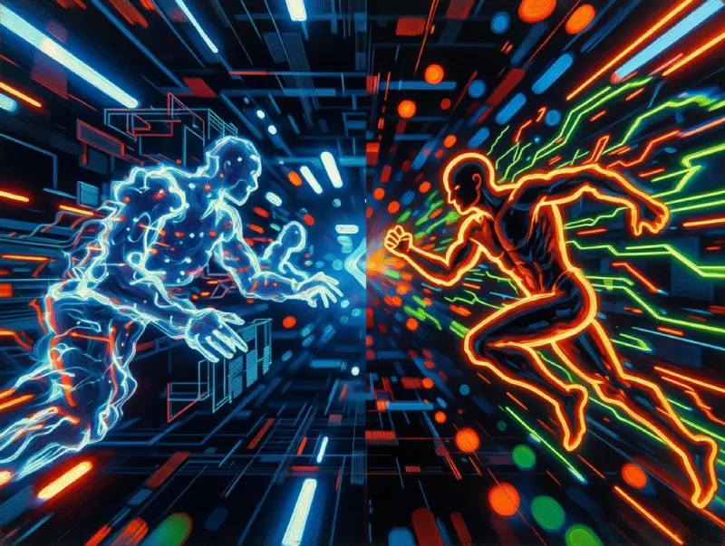 Epic cinematic split-screen comparison: left side generative AI creating content passively, right side agentic AI actively planning and executing actions, high-tech cyber environment with vibrant neon contrasts, dynamic motion, intense heroic atmosphere, bright blues reds and greens, professional design, ultra-detailed.
