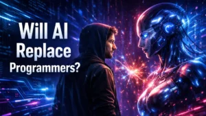 Dramatic cover illustration questioning if AI software engineering will replace human programmers, with neon code and human vs AI standoff.