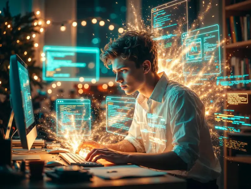 Energetic entrepreneur building websites with AI in a vibrant cinematic scene.