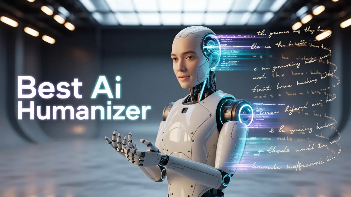 Best AI humanizer – photorealistic cinematic studio portrait of AI robot transforming code into human text