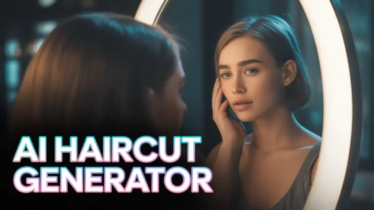 Woman in salon mirror with haircut regret, natural shadow corner featuring bold "Ai Haircut Generator" title – risk-free virtual hairstyle previews
