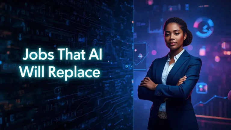 Futuristic cover illustration highlighting jobs that AI will replace, with bold title and determined professional ready for career change