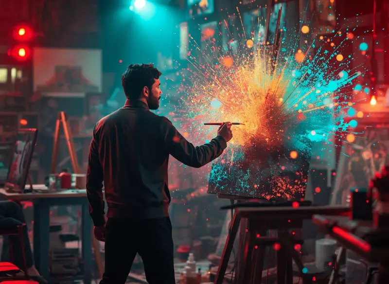 Artist unleashing creativity with best free AI websites for art in a dynamic, colorful scene.