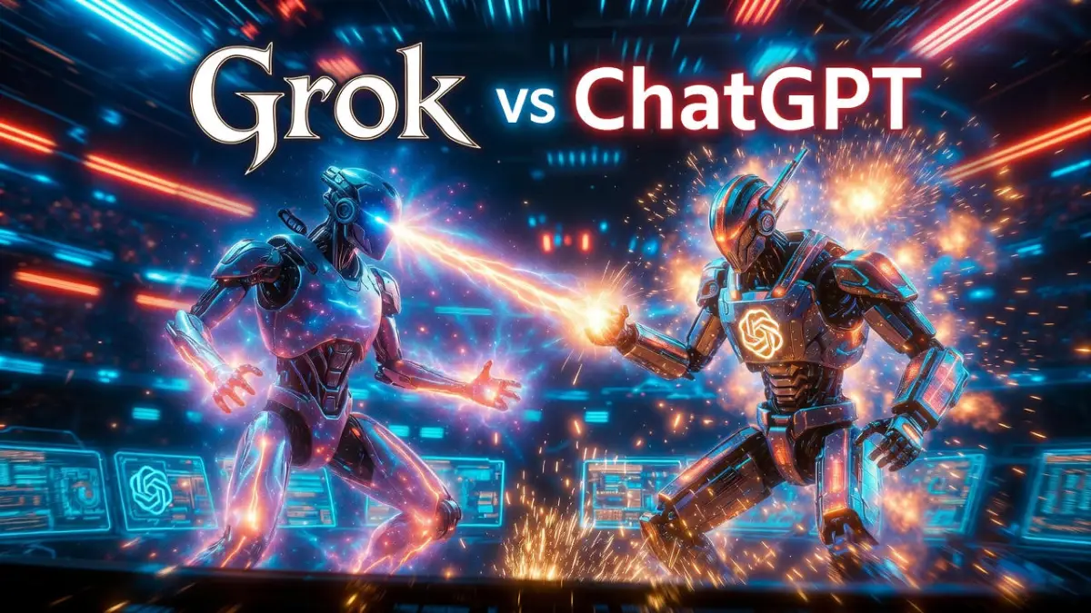 Epic Grok vs ChatGPT intro battle in neon-lit arena