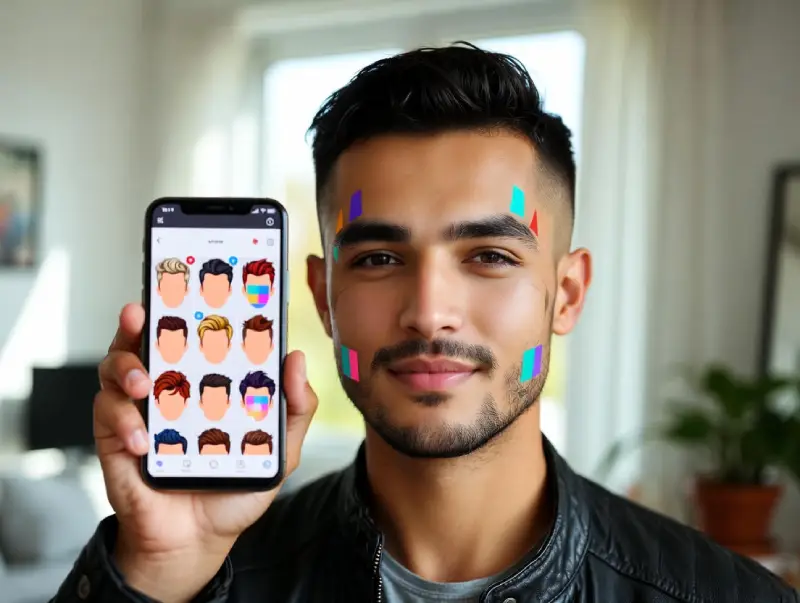 Taking a selfie to use in AI haircut generator app for virtual hairstyle try-on