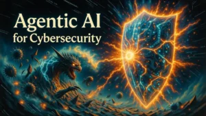 Dramatic visualization of agentic AI for cybersecurity blocking intense hacker attacks in a vibrant digital battlefield.